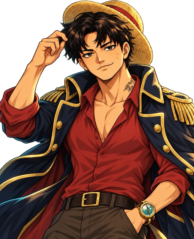 Thomas tipping his straw hat with a confident smile, in One Piece inspired captain artwork